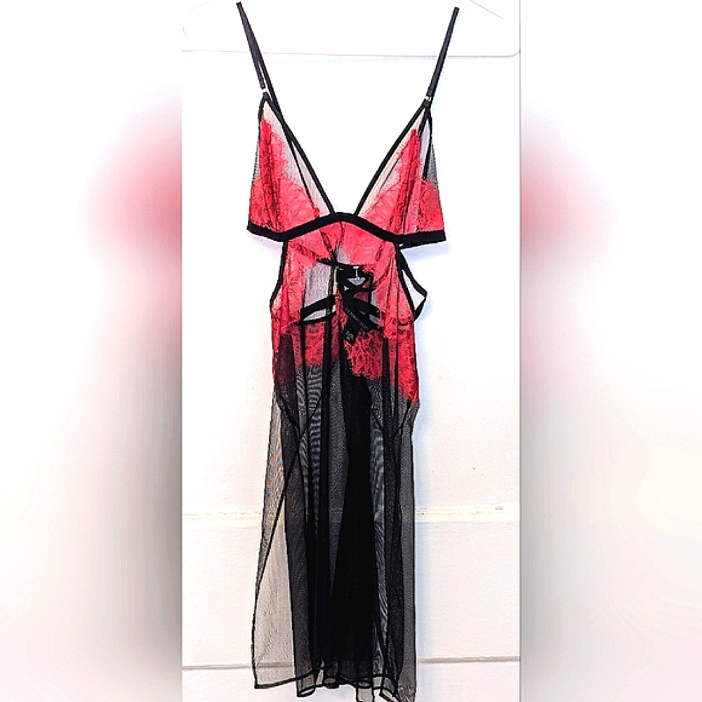 Victoria's Secret Black Mesh Red Lace Slip